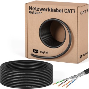 Schwarzes hb-digital CAT 7 Outdoor Kabel (50m) mit Verpackung und freigelegten Adern.