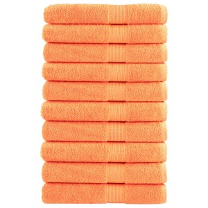 Stapel orangefarbener Premium-Handtücher, 10 Stück, 100x200 cm, 600g/m², 100% Baumwolle.