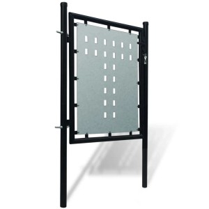Schwarzes vidaXL Zauntor Einzeltor 100x125 cm aus pulverbeschichtetem Stahl mit Lochmuster.
