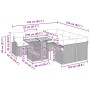Schwarzes 11-teiliges vidaXL Garten-Sofa-Set mit Stauraum aus Poly Rattan, Abmessungen sichtbar.