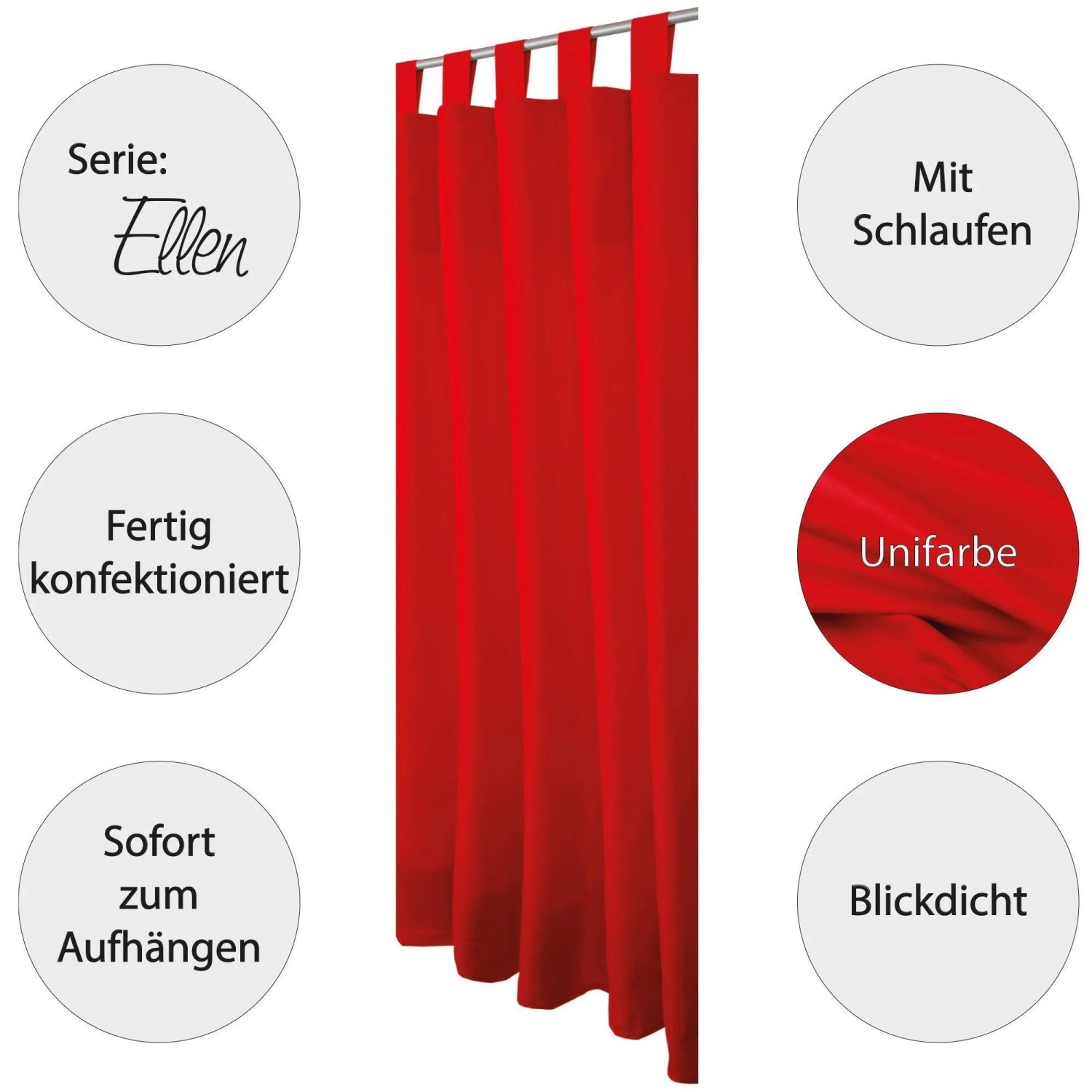 Roter, blickdichter Dekoschal Ellen im 2er-Pack mit Schlaufen für Fenstervorhänge.