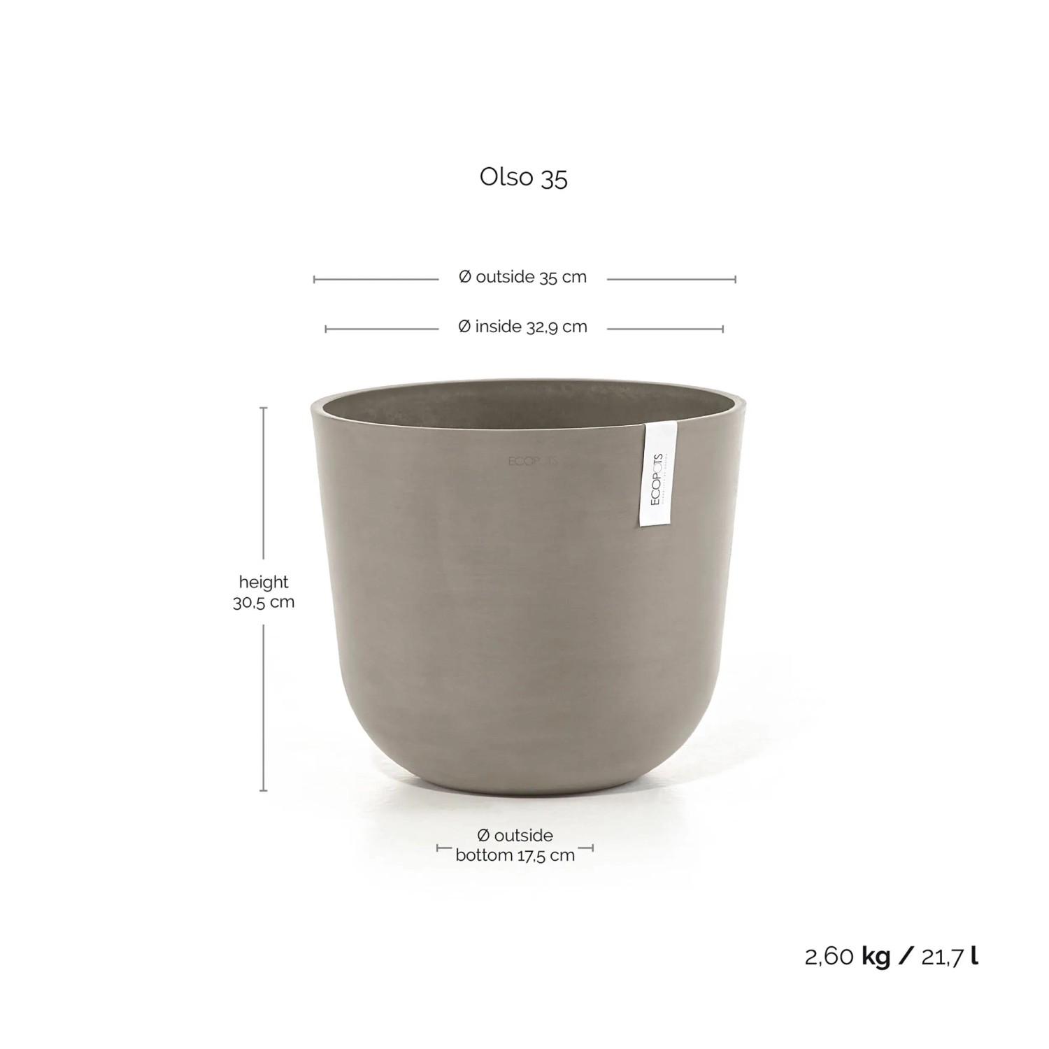 Ecopots Oslo Pflanztopf, braungrau, Ø 35cm, ideal für Innen- und Außenbereich.
