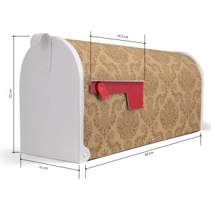 Weißer US Briefkasten mit beigem Tapetenmuster, roter Fahne und Maßangaben.