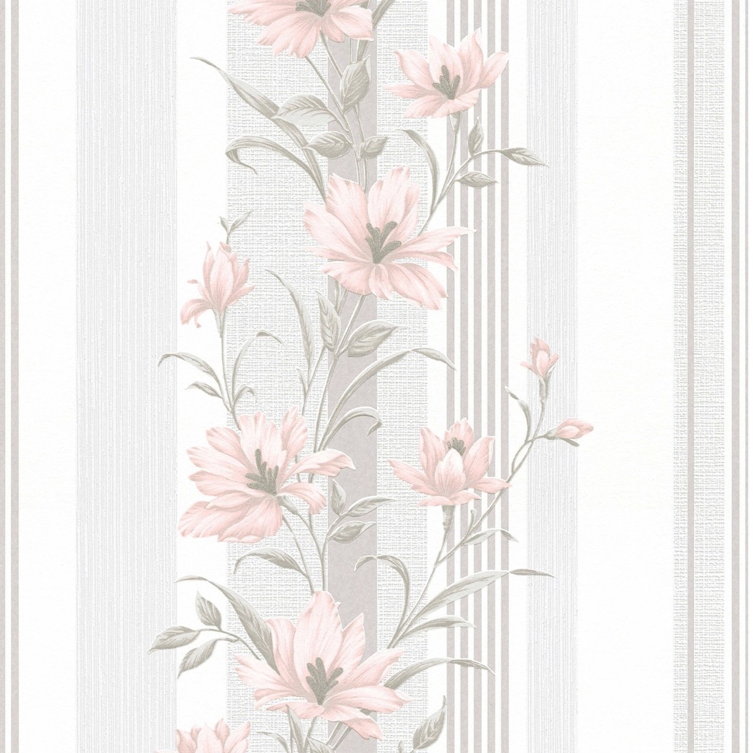 Bricoflor Grau Weiß Gestreifte Tapete mit Blumen Landhaus Vliestapete Romantisch Vlies Blumentapete mit Streifen Ideal für Esszimmer und Schlafzimmer