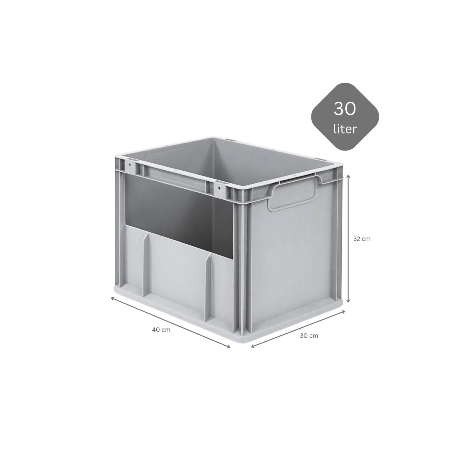 Graue PROREGAL Eurobox NextGen Insight, 30 Liter, mit seitlicher Öffnung. Ideal als Transport- und Aufbewahrungsbox.