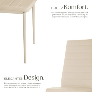 Beiger Esszimmerstuhl: gepolsterter Kunstlederbezug, elegantes Steppmuster, Metallbeine. Hoher Sitzkomfort und Design.