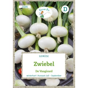 Saatgutpackung Grüne Fee Zwiebel De Vaugirard mit weißen Zwiebeln und grünen Stielen.