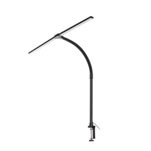 Schwarze Lindby LED Tischlampe Nilay mit Klemme, dimmbar für Arbeitszimmer.