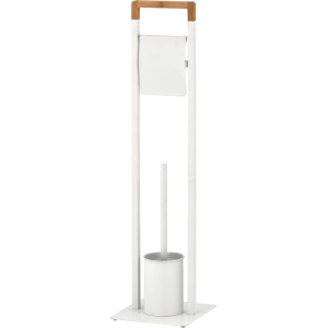Weiße WC-Bürstengarnitur mit Papierhalter und Bambusgriff.