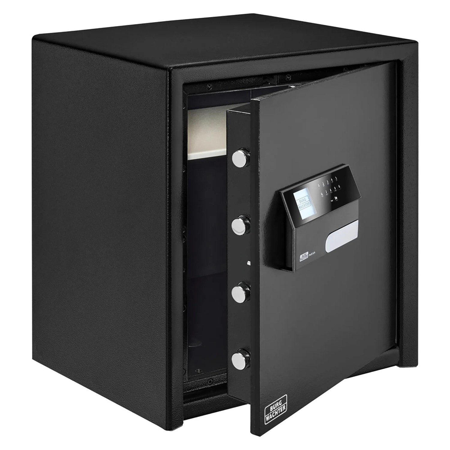 Burg-Wächter Profi-Safe PRS 540 E, schwarzer Tresor mit geöffneter Tür und elektronischem Schloss.
