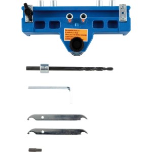 Sfs Anschlagwerkzeug-Set für 3D-Türband 15 mm: blaue Bohrlehre, Stufenbohrer, Inbusschlüssel, Werkzeuge. Präzise Montage.