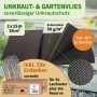 Schwarzes Unkrautvlies 30m² (2x15m) mit 50g/m² Stärke und 50 verzinkten Erdankern. Für effektiven Unkrautschutz.