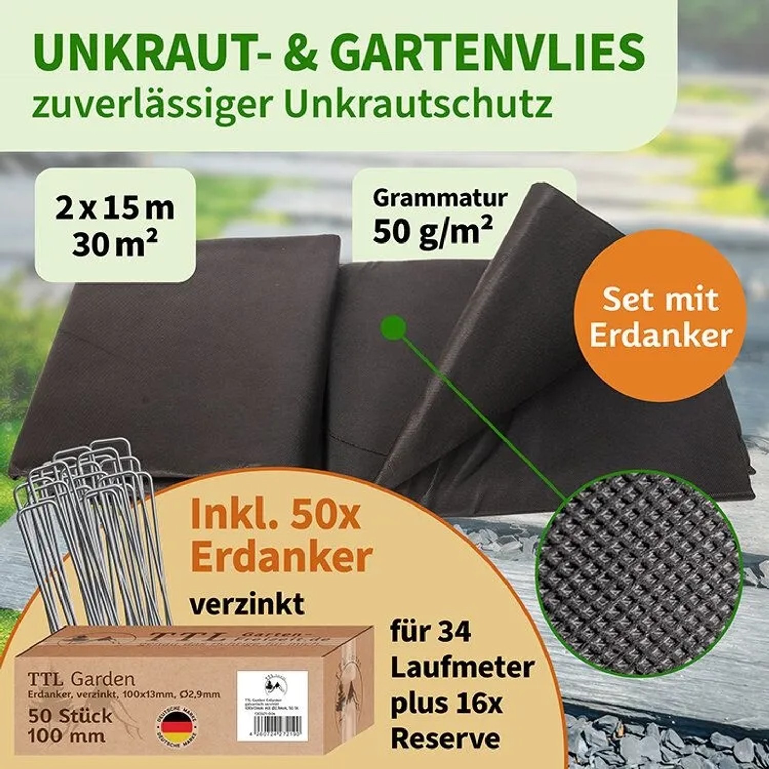 Schwarzes Unkrautvlies 30m² (2x15m) mit 50g/m² Stärke und 50 verzinkten Erdankern. Für effektiven Unkrautschutz.