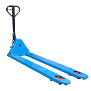 Blauer Güde Gabelhubwagen GHW 2500-180 PU aus Stahl mit langer Gabel und Polyurethanrädern für Palettentransport.