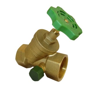 Messing Schrägsitzventil mit Entleerung, 18,7 mm (1/2), glänzende Oberfläche und grünem Griff.