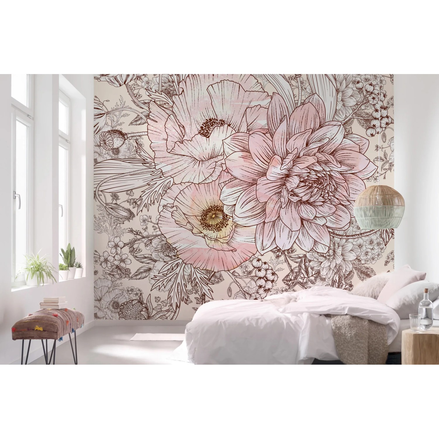 Komar Vlies Fototapete Allegra mit floralem Muster in Rosa und Braun, 300x280 cm.