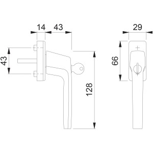 Technische Zeichnung: Fenstergriff Neutral Alu weiß mit Maßangaben.