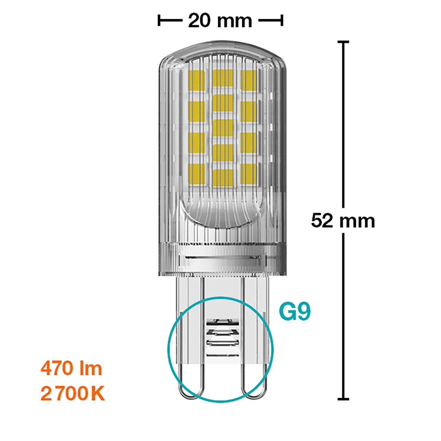 Osram G9 LED Leuchtmittel 4,2W, warmweiß, 470lm, 2er Set, 5,2x2cm. Kompakte Stiftform.