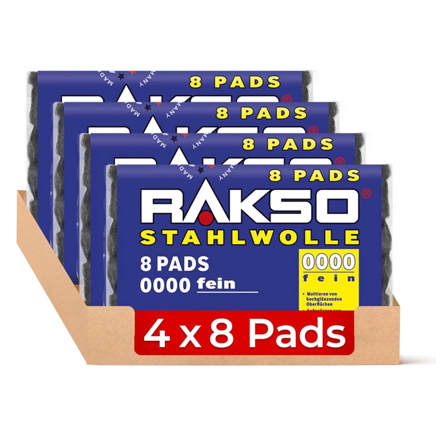 RAKSO Stahlwolle Pads Sorte 0000 Extra-Fein 4 x 8 Stück