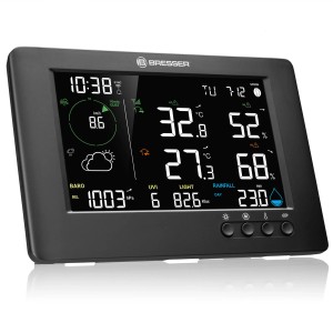 Schwarze Bresser WLAN-Funk-Wetterstation TB 7-in-1 mit Displayanzeige.