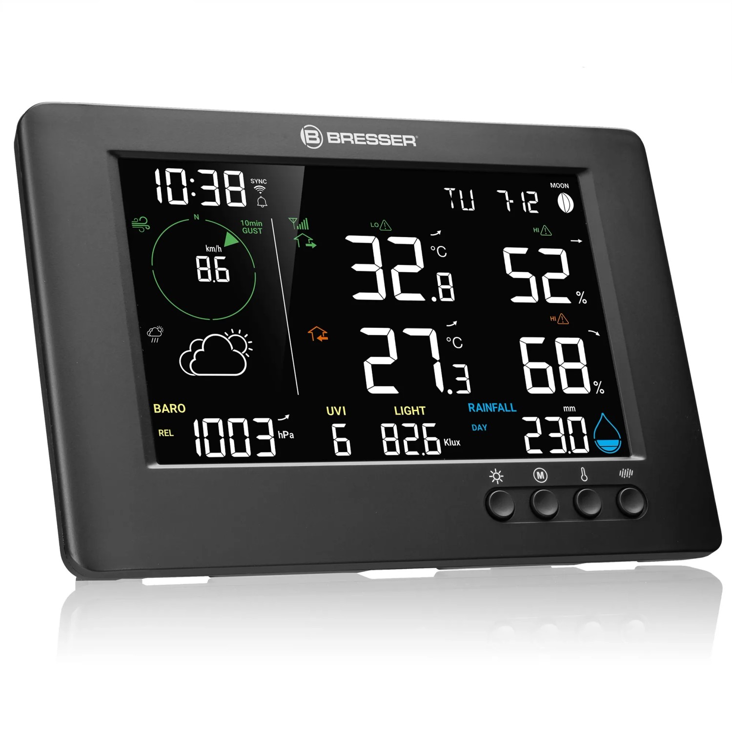 Schwarze Bresser WLAN-Funk-Wetterstation TB 7-in-1 mit Displayanzeige.