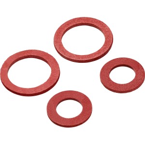 Fiberdichtungen, 4 rote Dichtungsringe in zwei Größen für Sanitär- und Heizungsinstallationen.