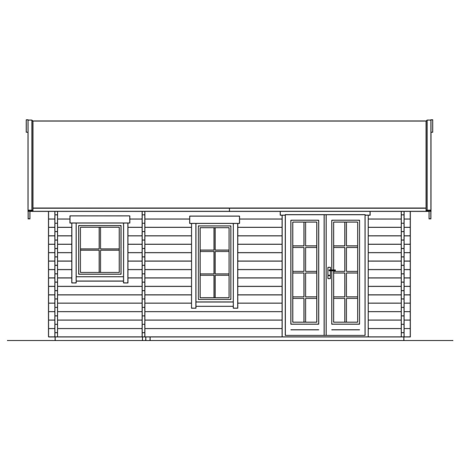 Skizze Skan Holz Gartenhaus Bern 2: Weekendhaus mit Doppeltür und Fenstern.