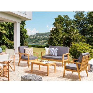 Beliani Lounge Set PALLANO, dunkelgrau, aus Akazienholz mit Sofa, Sesseln und Tisch für den Garten.