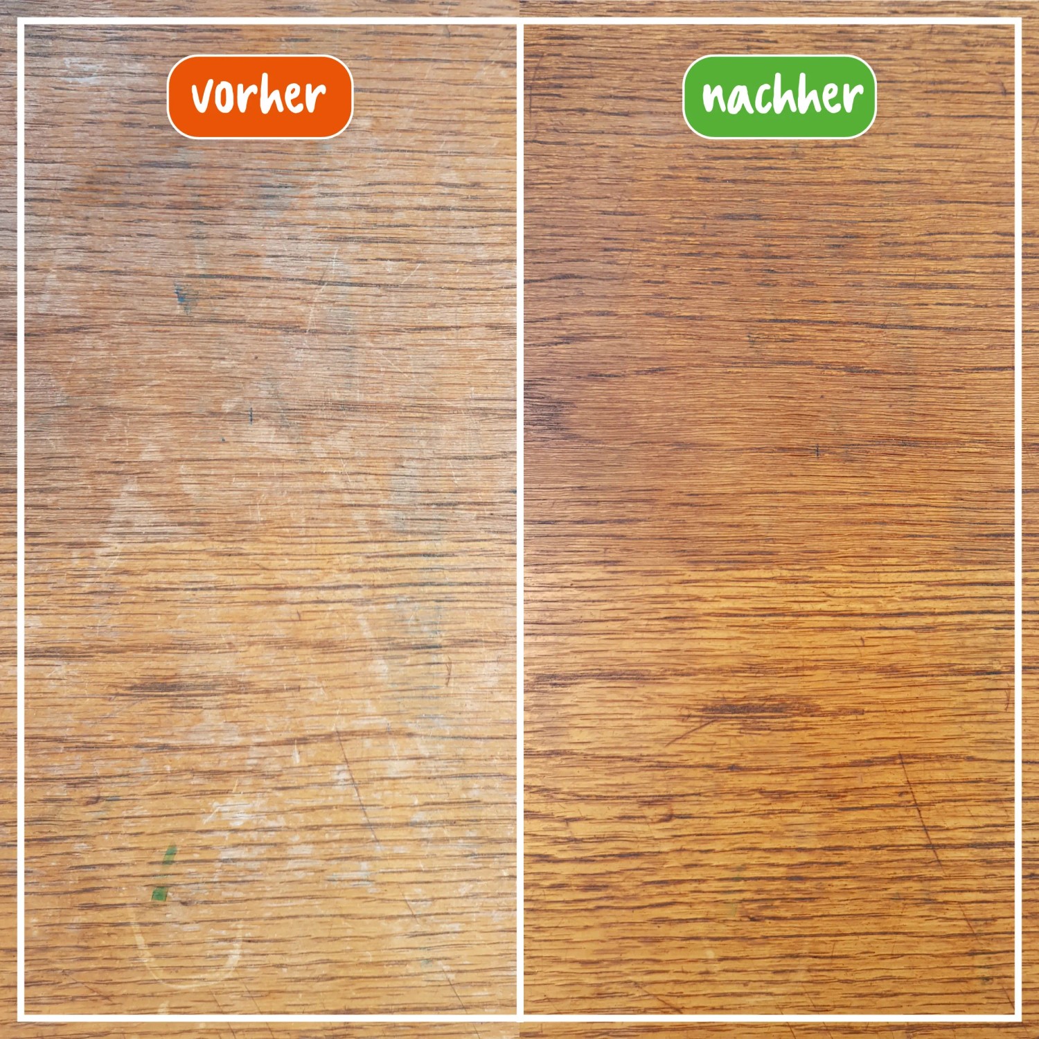 Vorher-Nachher-Vergleich: Helle Holzoberfläche gereinigt mit Poliboy fixneu Politur hell.