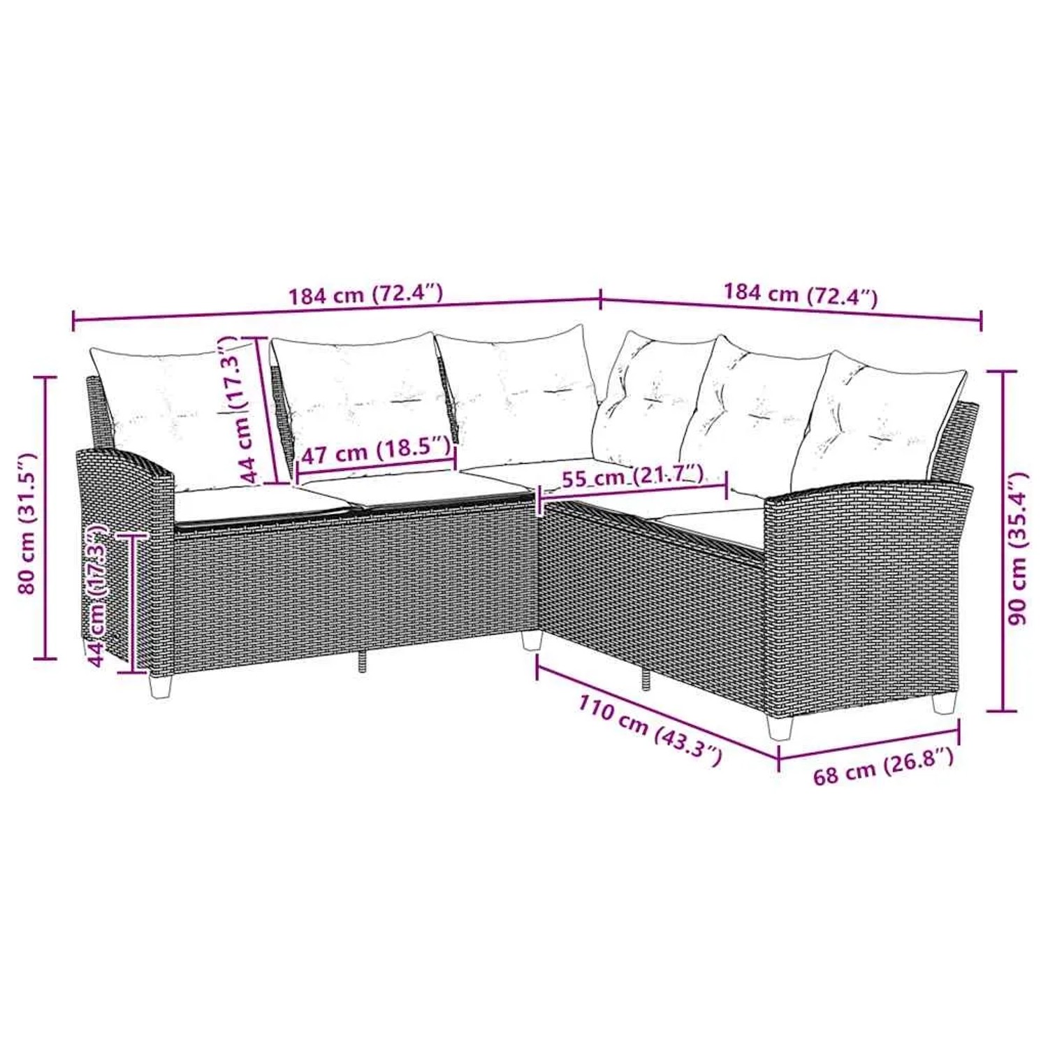 L-förmiges Couchsofa aus Rattan, beige, mit Kissen. Gartenmöbel für Terrasse und Garten.