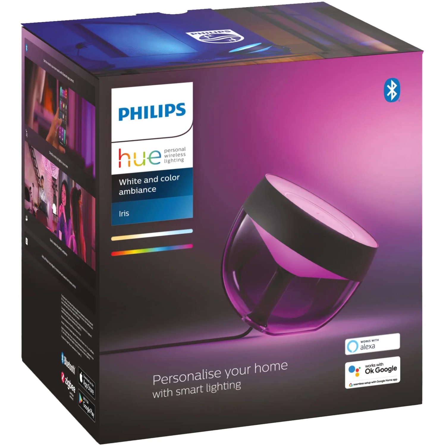 Verpackung der Philips Hue Iris Tischleuchte in Schwarz. Smarte Lampe mit Farbwechsel.