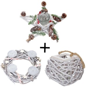 Adventskranz 3er Set: runder Kranz mit 4 Kerzenhaltern, Sternkranz mit Zapfen, weißes Windlicht. Weihnachtsdeko.
