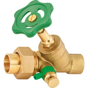 Schrägsitzventil Ø 22 mm aus Messing mit grünem Handrad zur Durchflussregelung.