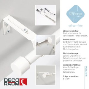 Deco-Raum Gardinenstangen Set Ausziehbar 1-Lauf Kappe Flexa Ø 16/19 mm 160-300cm Weiß
