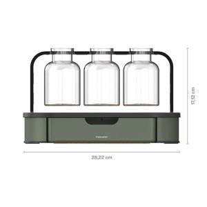 Fiskars Urban Plant Care Anzuchtstation für Stecklinge: 3 Glasgefäße auf schwarzem Metallständer, grüne Aufbewahrungsbasis.