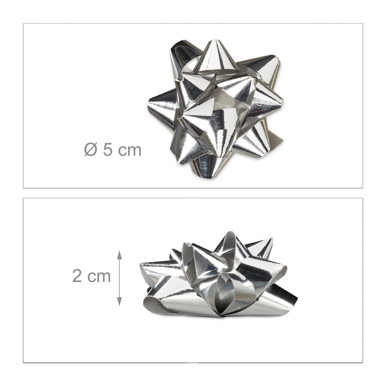Glänzende silberne Geschenkschleife, selbstklebend, 5 cm Durchmesser, für Geschenke & Weihnachtsdekoration.