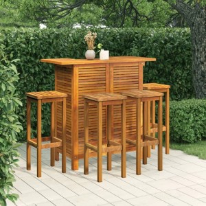 5-teiliges Gartenbar-Set aus Akazienholz mit Bartisch und 4 Hockern für Garten oder Terrasse.