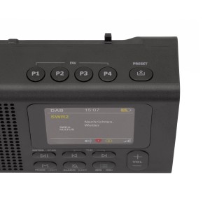 Dynavox DBT200 DAB+ Radio in Schwarz, Nahaufnahme der Bedienelemente und des Displays.