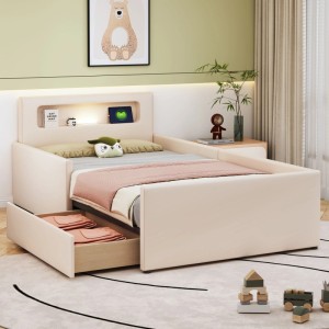 okwish Polsterbett 90×200 mit Nachtlicht und USB-Ladeanschluss mit Ablagefächern und Erhöhte Seitenteile zur Sicherheit ohne Matratze