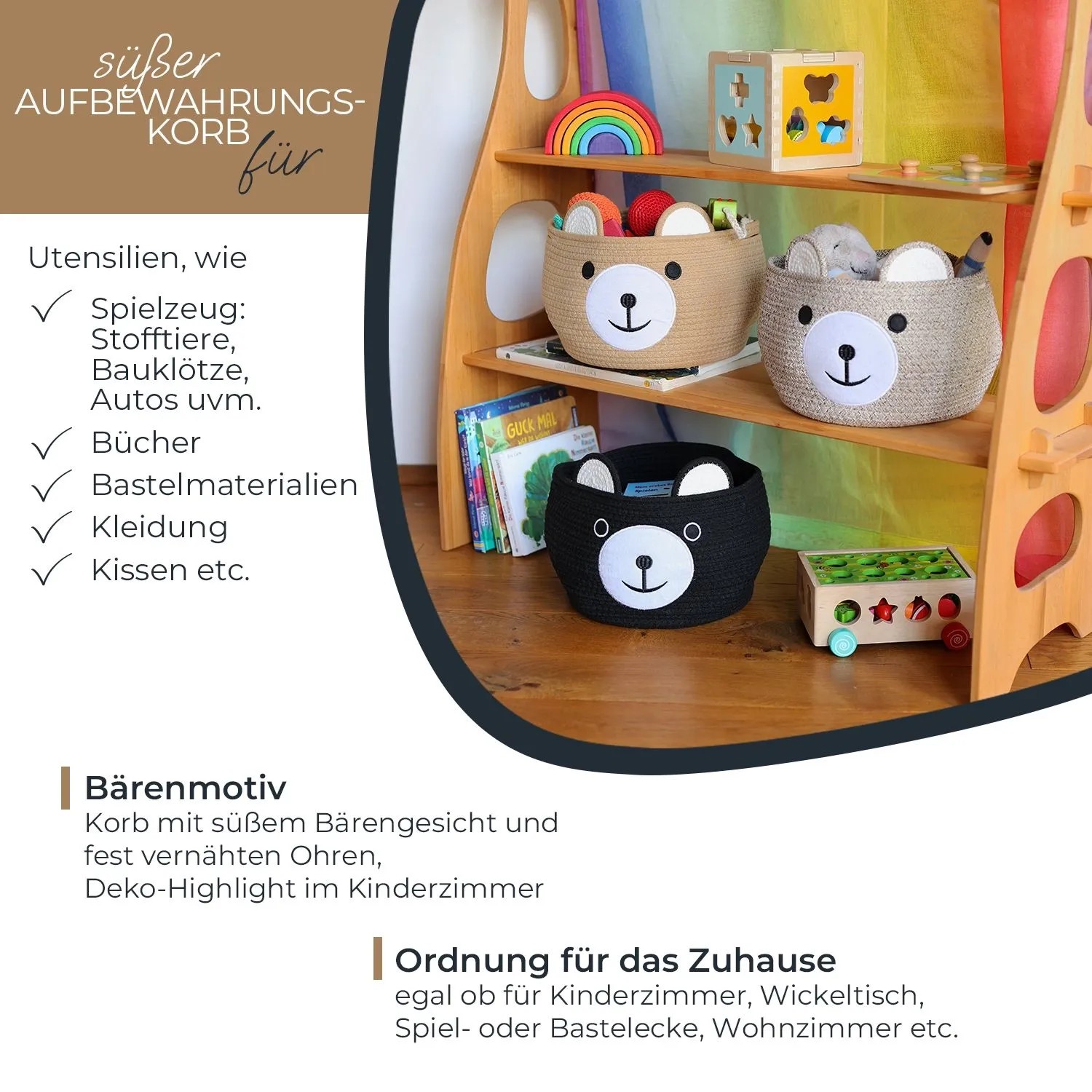 HMF 39021-30CM-02 Aufbewahrungskorb Versteckten Griffen Korb Kinderzimmer Baumwolle Bär 30 x 24 cm Schwarz_2