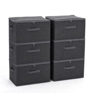 6er Set anthrazitfarbene Stoffboxen mit Reißverschlussdeckel, Griffen, stapelbar für Kleiderschrank.