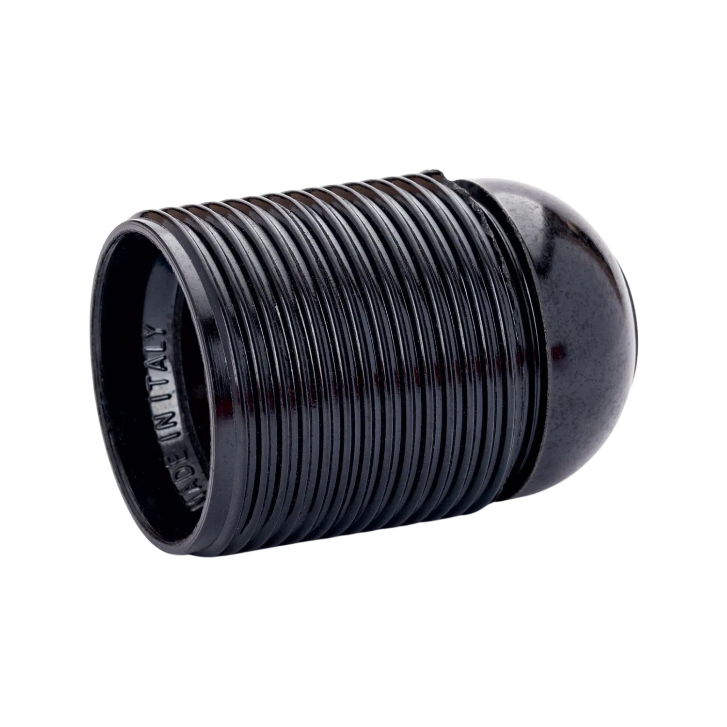 Schwarze E27 Lampenfassung aus Kunststoff mit Schraubgewinde, ideal für Leuchten und Lampenschirme.