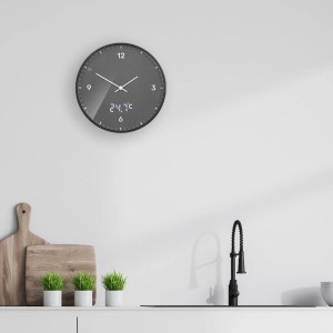 Anthrazitfarbene Bresser Wanduhr mit LED-Temperaturanzeige, Durchmesser 24 cm.