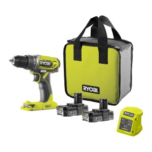 Ryobi Akku-Bohrschrauber R18DD2-220S One+ 18V Set mit 2 Akkus, Ladegerät und Tasche.