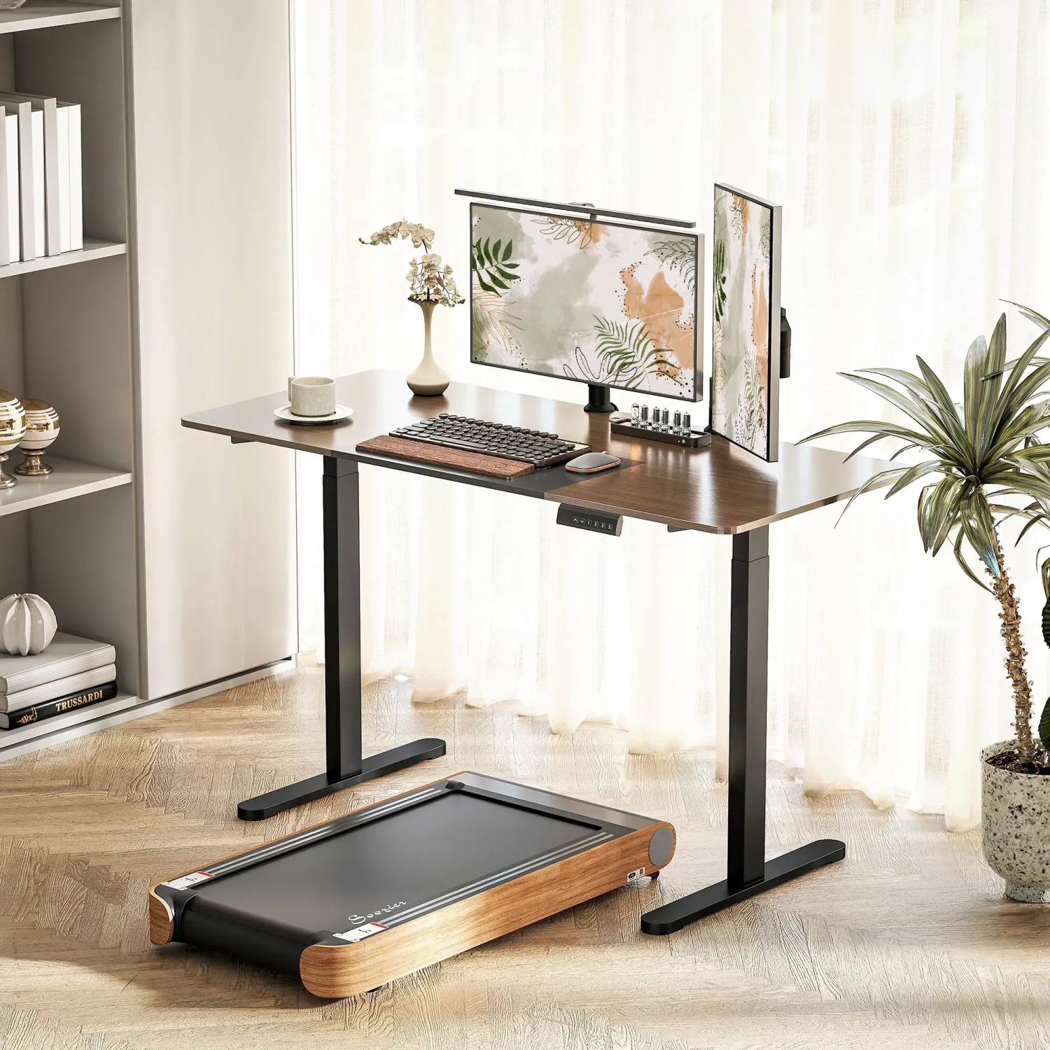Höhenverstellbarer Schreibtisch von HOMCOM mit 2 Motoren, Memory-Funktion und schwarzem Gestell.
