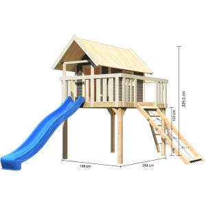 Karibu Stelzenhaus Fidel Set mit blauer Rutsche und Netzrampe, terragrau. Spielturm aus Holz mit Leiter.