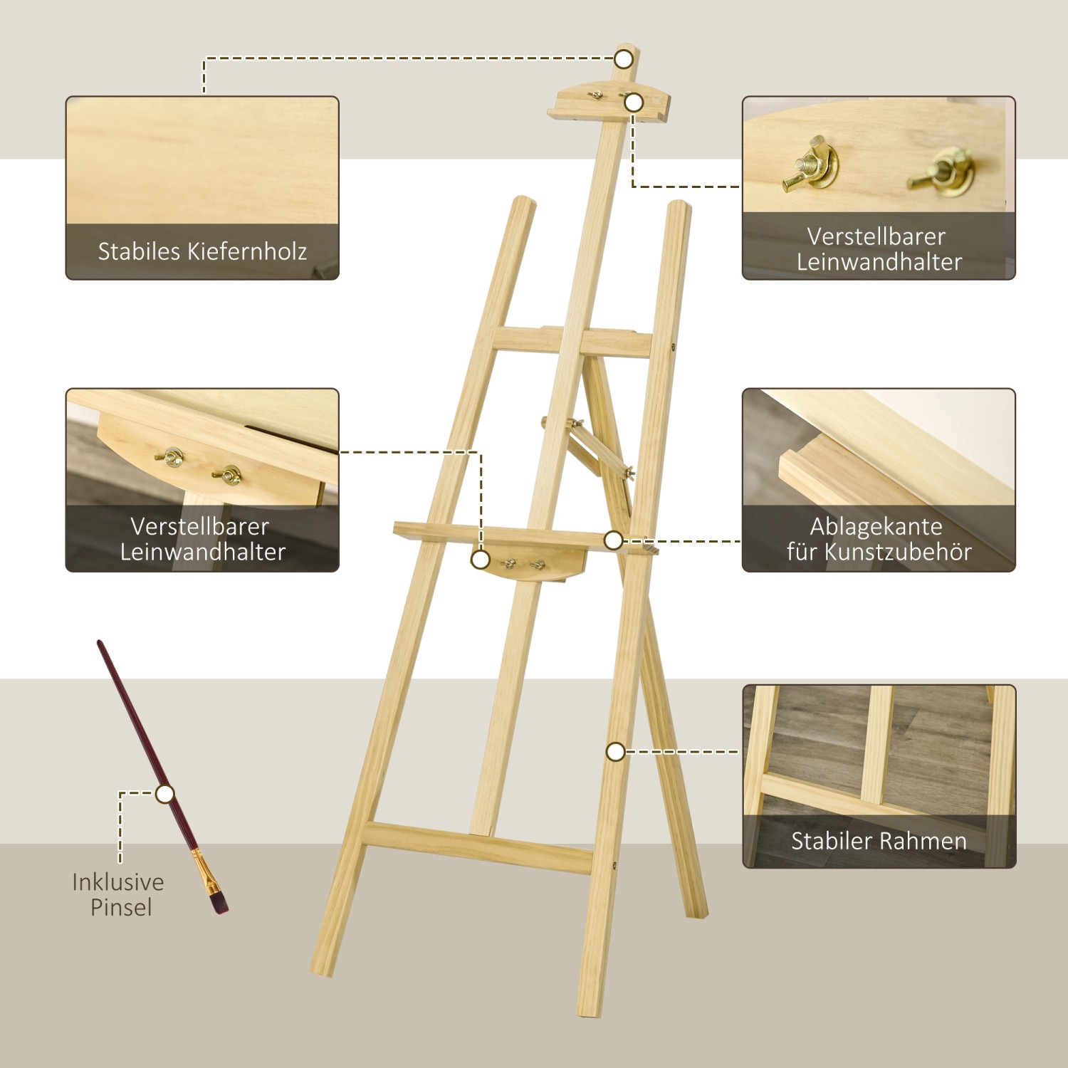 Klappbare HOMCOM Staffelei aus Kiefernholz, höhenverstellbar und neigbar bis 75 Grad.