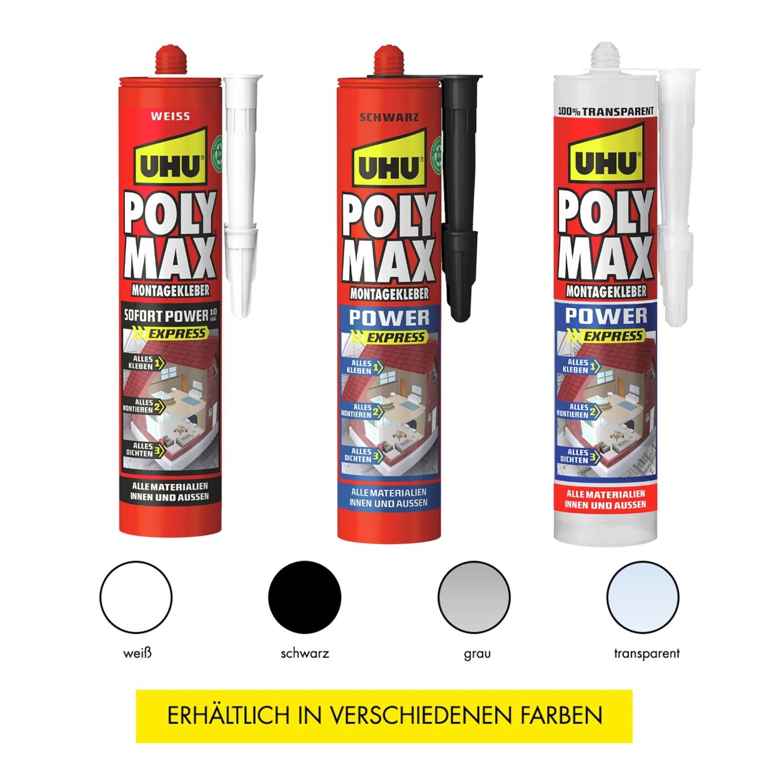 UHU Poly Max Montagekleber Sofort Power Transparent, verschiedene Farben.