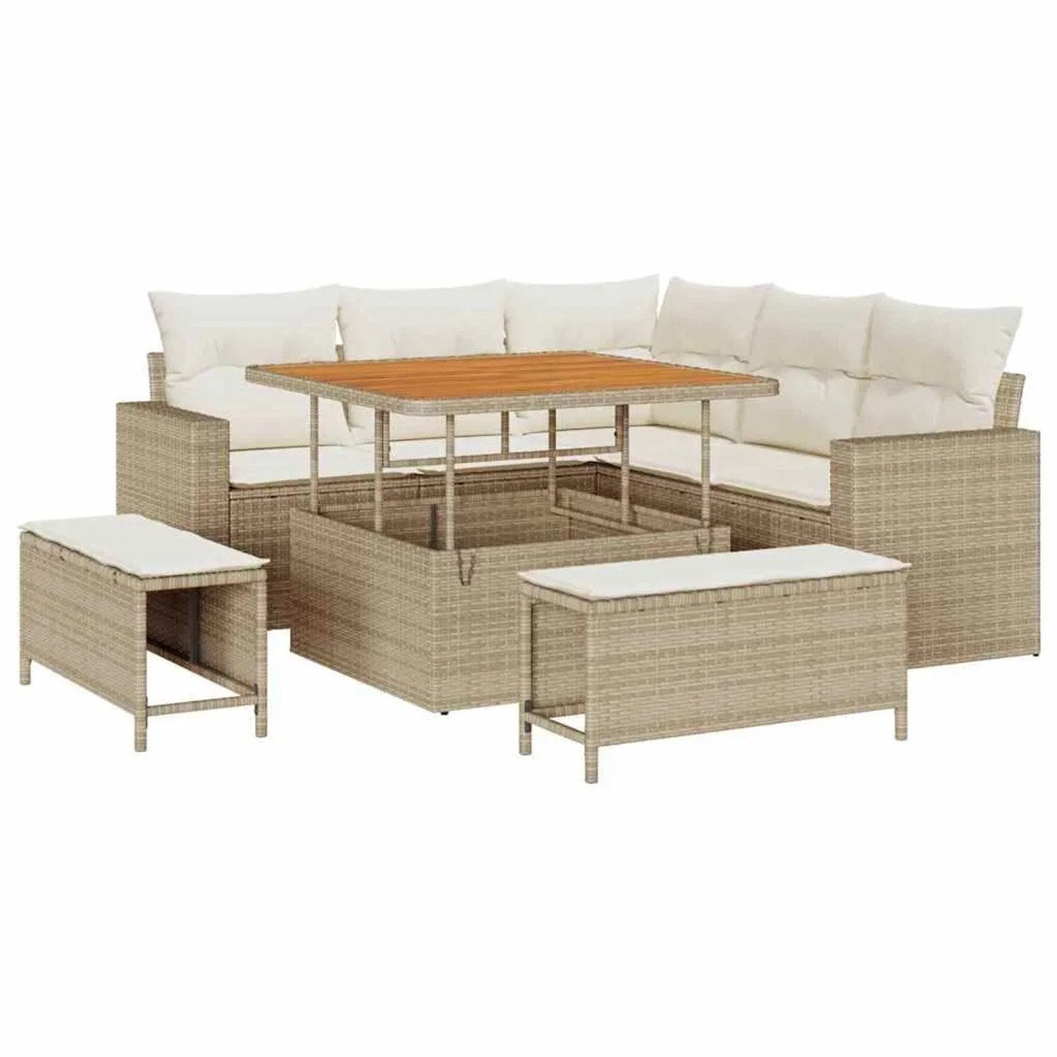 vidaXL Gartensofa-Set mit Kissen 9 Stk Beige und Creme Poly-Rattan 3363556