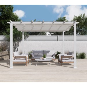Weißer Pavillon Pergola Gazebo Florida mit Sonnensegel und Gartenmöbeln.
